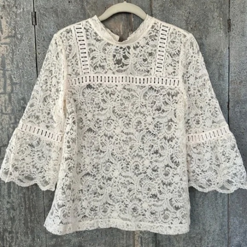 LOFT Cream Floral Lace Bell Sleeve Top // Romantic Boho Mock Neck Blouse - Small